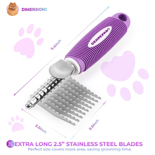 Miniatura 3 de GENPEPADO Peine Rastrillo Desmateador de Subpelo para Perros y Gatos con Cuchillas Largas de Seguridad de Acero Inoxidable de 2.5 Pulgadas