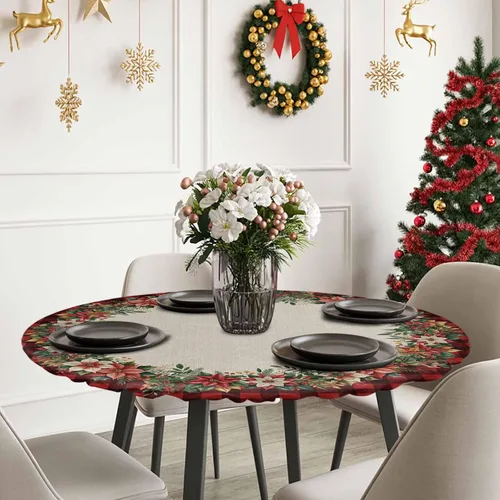 Miniatura 6 de Mantel ajustado redondo de Navidad con Poinsettia, mantel de lino retro de Navidad impermeable para mesa circular, mantel circular elástico de Rojo