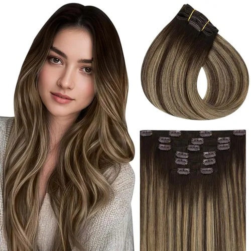 Miniatura 31 de Vivien Extensiones de cabello humano con clip, color negro azabache, extensiones de cabello humano real con pinzas invisibles, doble trama, 14