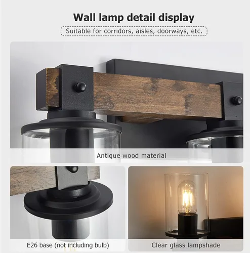 Miniatura 3 de DUJAHMLAND Lámpara de tocador de granja, lámpara de pared de madera de baño de 3 luces sobre espejo con pantalla de vidrio transparente, iluminación