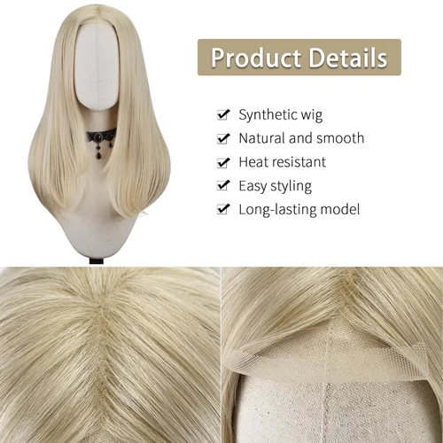 Miniatura 4 de FREE BEAUTY Peluca larga rubia para mujer, peluca de cabello lacio con parte media con encaje de encaje de aspecto natural, peluca de fibra