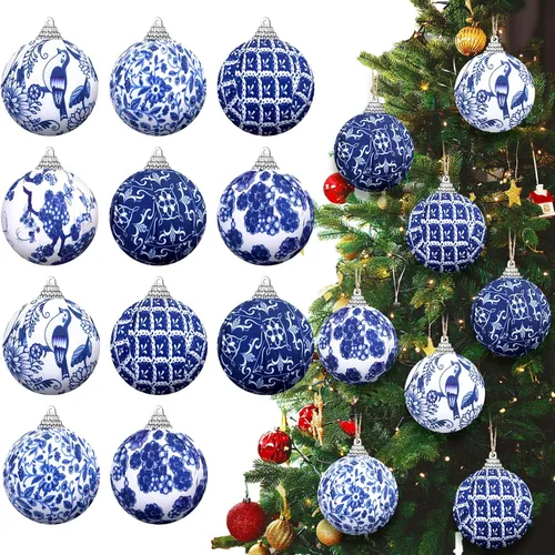 Preboun 12 adornos de bola Chinoiserie de Navidad azules y blancos, decoración de árbol Chinoiserie, adornos colgantes de árbol de Navidad,