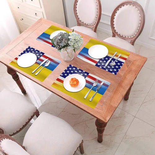 Miniatura 6 de Bandera estadounidense y bandera ucraniana, resistente al agua, paquete de 4 manteles individuales tejidos de PVC, diseño elegante, fácil protección