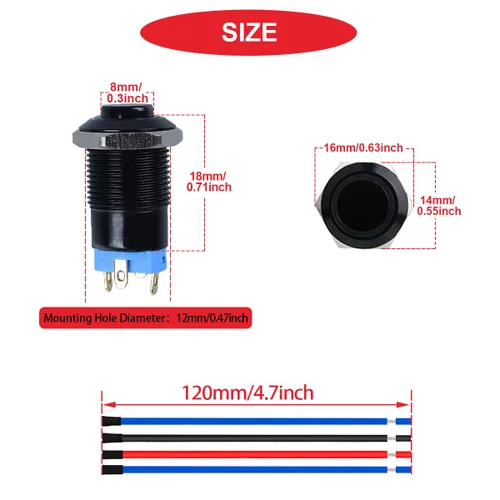 Miniatura 4 de 6Pcs Interruptor de botón de cierre led de 12mm con carcasa negra y pre-cableado, interruptor de botón a prueba de agua IP65, 1NO 1 normalmente, B.