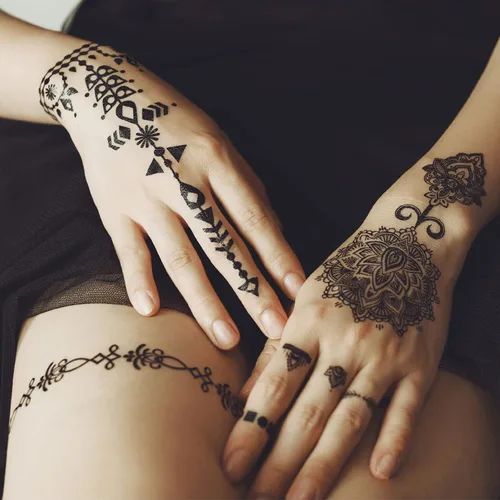 Miniatura 5 de 6 hojas de tatuajes temporales de henna negra para mujeres y niñas, calcomanías de tatuaje falsas de encaje, misterioso, sexy, mandala, flor, diseño