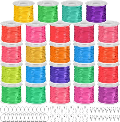Miniatura 8 de Janinka Cuerda de cordón, 24 rollos de cuerda de plástico con 24 cierres de langosta, llaveros y clips de cordón o pulseras de amistad, fabricación