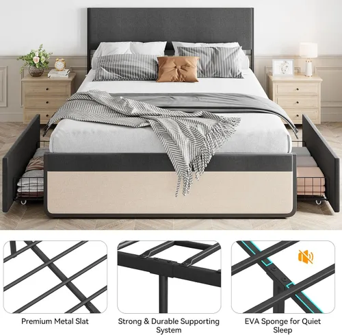 Miniatura 9 de Base de cama tamaño Queen con cabecera y 2 cajones de almacenamiento, base de colchón con soporte de listones de metal, no necesita somier, sin