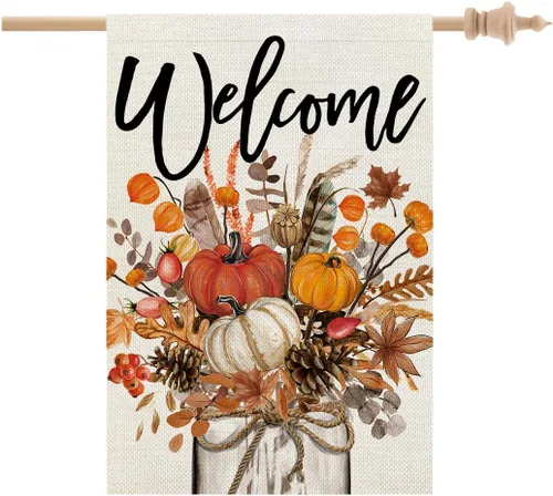Miniatura 18 de CROWNED BEAUTY Bandera de jardín de otoño, frasco Mason floral de 12 x 18 pulgadas, doble cara para exterior, pequeña bienvenida de arpillera