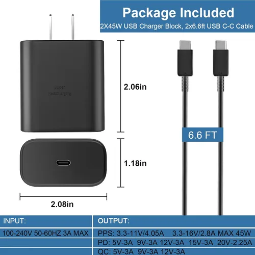Miniatura 6 de Cargador rápido USB C de 45 W, cargador súper rápido de 45 vatios tipo C con cable de carga rápida Android de 6.6 pies para Samsung Galaxy S26