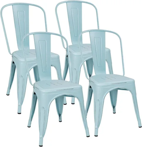 Miniatura 10 de Flamaker Sillas de comedor de metal para uso en interiores y exteriores, sillas laterales apilables con respaldo para cocina industrial, sillas Negro