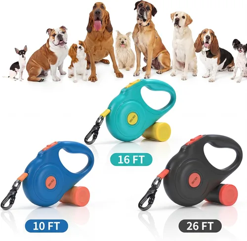 Miniatura 9 de Correa retráctil de 10 pies para perros pequeños y medianos, cinta de nailon resistente con mosquetón de bloqueo seguro y soporte para bolsa