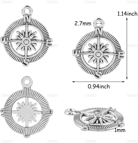 Miniatura 2 de AUEAR, Colgantes de brújula, cuentas espaciadoras de aleación para pulseras, collares, joyería, manualidades, bricolaje plateado
