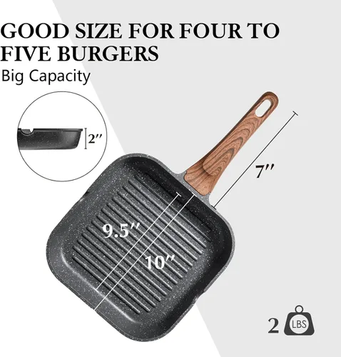 Miniatura 7 de SENSARTE Sartén Parrilla Antiadherente para Estufas, Plancha Versátil con Boquillas de Vertido, Superficie de Cocción Cuadrada Grande, Sartén Gris