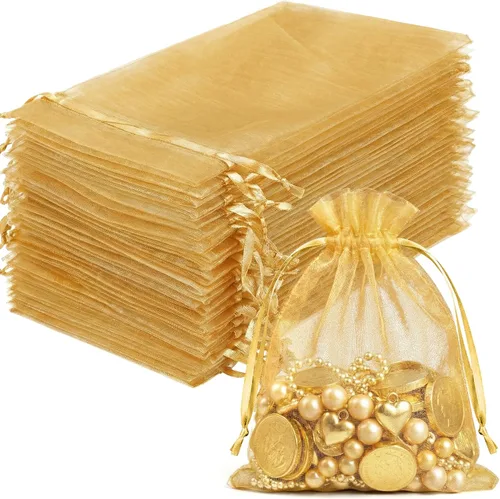 Miniatura 25 de FUNFERY 100 bolsas de organza naranja de 4 x 6 pulgadas, pequeñas bolsas de regalo con cordón de malla para bolsitas, joyas, dulces, recuerdo
