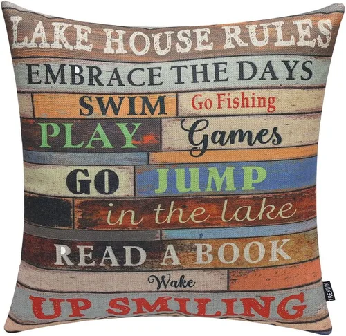 TRENDIN Funda de cojín de algodón de lino con reglas de la casa del lago de 18 x 18 pulgadas, estilo vintage, decoración del hogar (PL048TR)