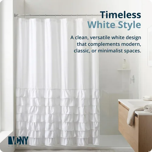 Miniatura 7 de VCNY Home Cortina de ducha de tela con volantes, color blanco melanie, 72 x 72 pulgadas, 100% poliéster, larga duración y fácil de limpiar, diseño