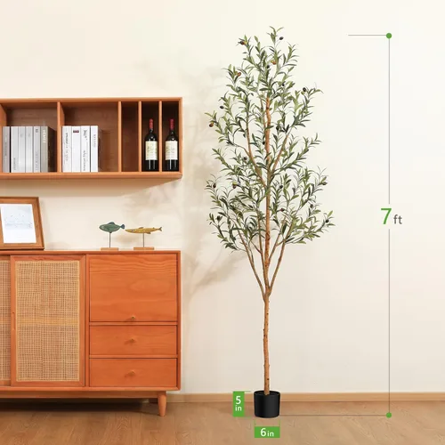 Miniatura 4 de Kazeila Árbol de olivo artificial de 7 pies de alto, planta de seda sintética para decoración del hogar y la oficina, árbol en maceta falso