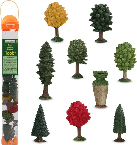 Safari Ltd. Trees TOOB - Figuras de pino, olmo, enebro, rompecabezas de mono, topiario, enaguas, álamo, dos arces - Figuras de juguete educativo