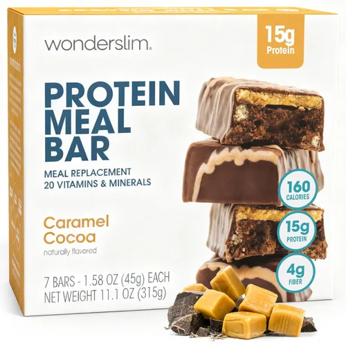 Barra de proteínas WonderSlim para reemplazo de comida, Caramelo y Cacao, 15g de proteína, 20 vitaminas y minerales, sin gluten (7 unidades)