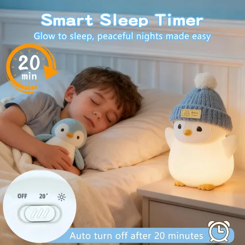Miniatura 3 de FAMIDUO Luz nocturna de pingüino para niños, adorable lámpara de pingüino con sombrero, luz nocturna de silicona de grado alimenticio, recargable