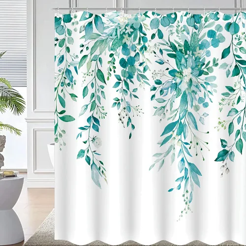 Miniatura 12 de Cortina de ducha extra larga de eucalipto gris y blanco de 84 pulgadas, cortinas de ducha de hojas florales grises para baño, cortina de baño