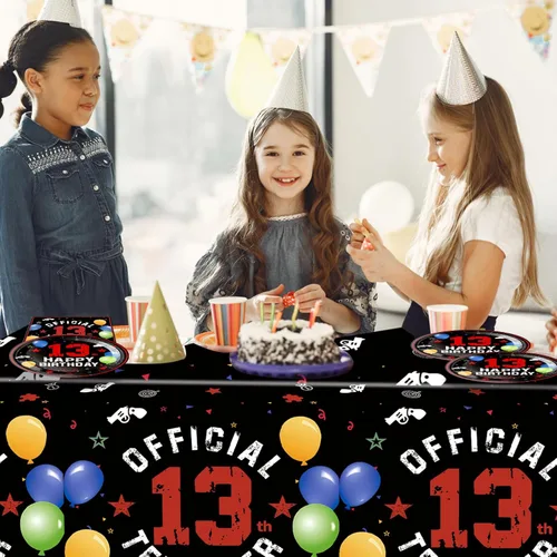 Miniatura 7 de Juego de 41 decoraciones para fiesta de cumpleaños número 13, color negro y rojo, incluye platos y servilletas, mantel para niños y niñas, dulce