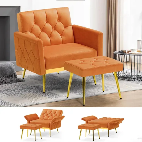 Miniatura 10 de Silla decorativa de terciopelo con reposabrazos y respaldos ajustables, sofá individual copetudo con otomana, silla de lectura tapizada para sala
