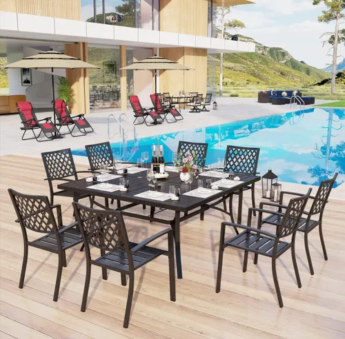 Miniatura 9 de MFSTUDIO Juego de comedor al aire libre para 8, juego de mesa y sillas de metal para patio, juego de muebles de patio de 9 piezas, juego de comedor