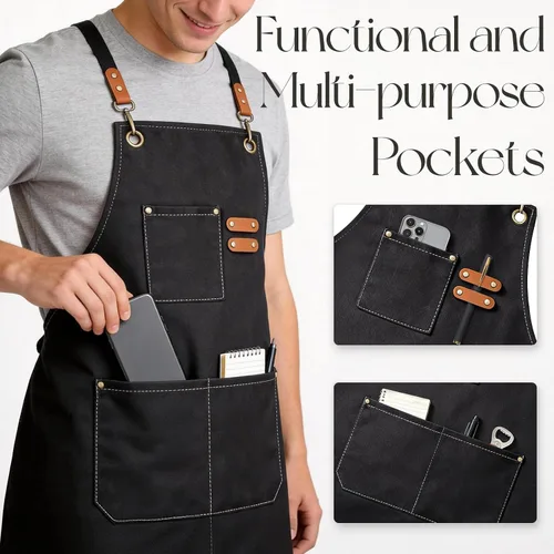 Miniatura 3 de Delantales de chef para hombres y mujeres con bolsillos grandes, delantal de lona de algodón resistente con espalda cruzada Negro