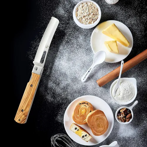 Miniatura 4 de SENBON Cuchillo de bolsillo plegable de acero inoxidable 440A con sierra para pan japonés, mango natural de oliva, para camping al aire libre