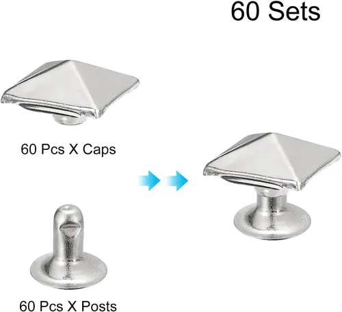 Miniatura 3 de uxcell Juego de 60 remaches de punta para ropa, 0.315 in, remaches rápidos de pirámide, clavos cuadrados punk, de cobre, para decoraciones de Tono