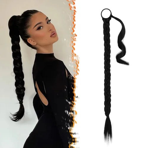 Miniatura 72 de Barsdar Extensión de 26 Pulgadas de Cola de Caballo Trenzada Larga con Banda Elástica - Extensiones de Cabello en Cola de Caballo Recta y Elegante