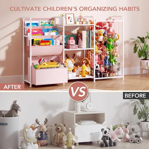 Miniatura 5 de BBLIKE Organizador de almacenamiento de animales de peluche 3 en 1, almacenamiento de juguetes con estantería para niños y soporte grande