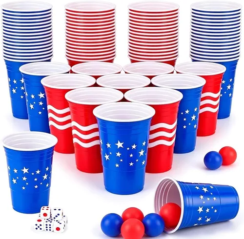 60 Pieces 4th of July Cup Pong Game Set 16 oz Red & Blue Patriotic Plastic Cups with 10 Red & Blue Balls for Independence Day Party Games, Backyard