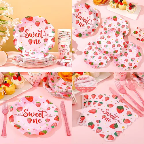 Miniatura 5 de Decoraciones de primer cumpleaños de fresa para niña, platos de primer cumpleaños de fresa para 24, platos de fresa, decoraciones de primer