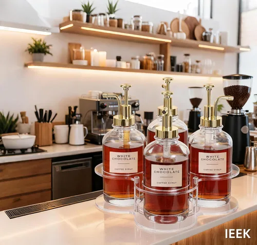 Miniatura 4 de IEEK Organizador giratorio de jarabe de café, soporte para botella de jarabe para dispensador de jarabe, 16.9 onzas, estante acrílico transparente
