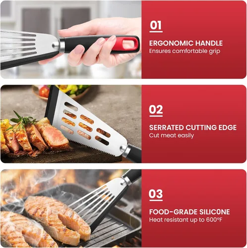 Miniatura 5 de Juego de 2 espátulas de pescado, espátulas de silicona resistentes al calor de 600ºF para utensilios de cocina antiadherentes, espátula ranurada