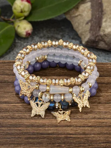 Miniatura 3 de 4pcs Butterfly Bohemian Beaded Stackable Stretch Bracelet Set Elastic Colorful Charm Multi-Layer Butterfly Crystal Stone Stretch Bracelets