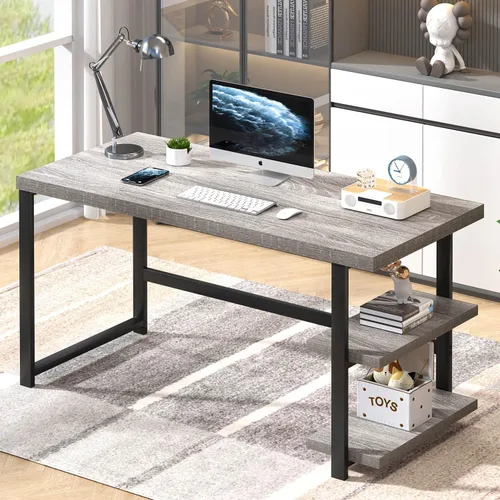 FOLUBAN Escritorio de oficina en casa de 47 pulgadas, escritorio moderno para computadora con estantes de almacenamiento, pequeña mesa de estudio,