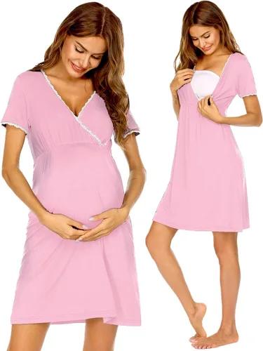 Ekouaer - Camisón de dormir de manga corta 3 en 1 para mujer, plisado, para lactancia, parto y maternidad, tallas S-XXL