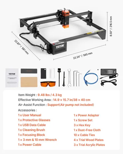 Miniatura 7 de VEVOR Máquina cortadora de grabado láser, salida de 10 W, área de trabajo de 15.0 x 15.7 in, velocidad de movimiento de 393.701 in/min, punto