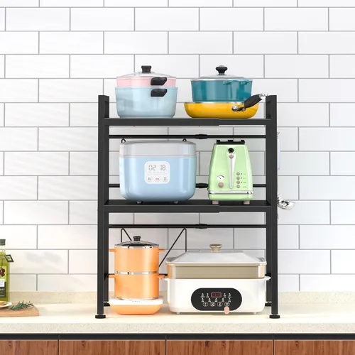 Miniatura 7 de PUSDON Estante para horno de microondas, estante ajustable resistente de 3 niveles con 3 ganchos para organizador de encimera de cocina, con Negro