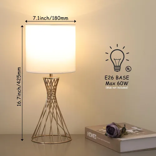 Miniatura 5 de Juego de 2 lámparas de mesa doradas, moderna lámpara de noche para mesita de noche, lámpara pequeña para dormitorio, base hueca geométrica de metal
