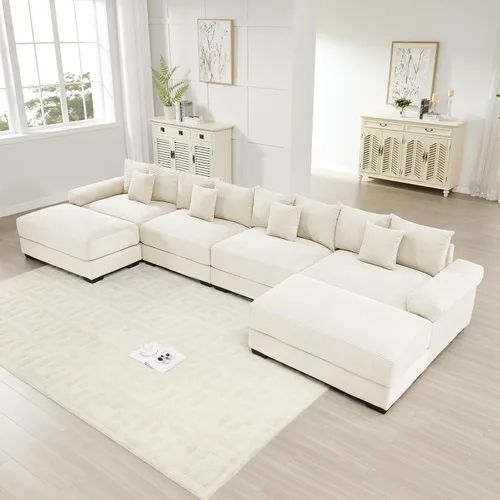 Miniatura 77 de Sofá modular de gran tamaño de 117.3 pulgadas, sofás modulares grandes de pana para sala de estar, sofás de 3 plazas, moderno juego de sofá de Blanco