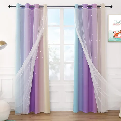Anjee Cortinas de estrellas para niñas, estilo recortado, 2 en 1, de doble capa, bloqueo de luz, ojales en la parte superior con gasa de gasa