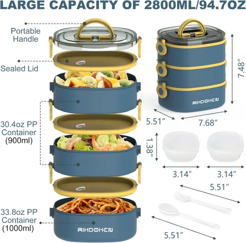 Miniatura 2 de RIKDOKEN Caja de almuerzo, contenedores apilables de 3 capas, lonchera portátil de gran capacidad de 94OZ a prueba de fugas con cajas para salsa