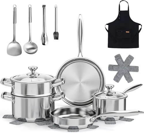 Meythway Juego de ollas y sartenes no tóxico, juego de utensilios de cocina de acero inoxidable de 16 piezas con vaporera, juego de utensilios de