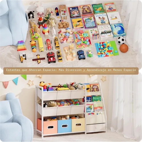 Miniatura 5 de HAVLOTII Organizador de almacenamiento de juguetes, estantería para niños y almacenamiento de juguetes con 3 estantes para libros y 10 contenedores