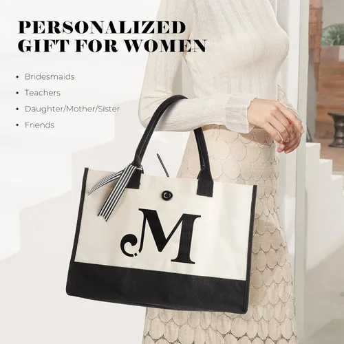 Miniatura 3 de YOOFAN Bolsa de lona con inicial, bolsa de regalo personalizada con monograma para bodas, cumpleaños, playa, vacaciones, regalo para mujeres