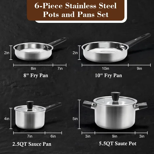 Miniatura 2 de Juego de ollas y sartenes de acero inoxidable de 6 piezas, juego de utensilios de cocina con asas que se mantienen frías, compatibles con gas